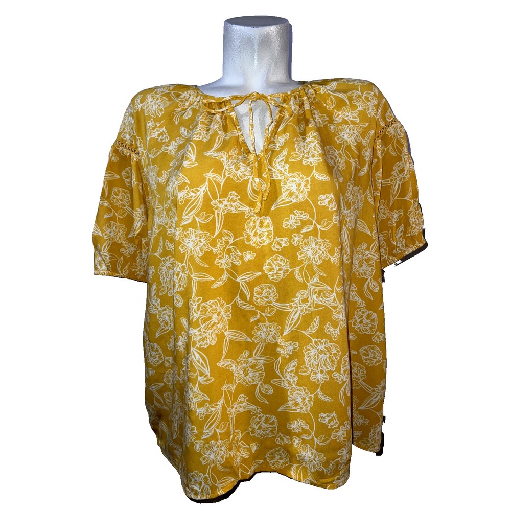 Como Black Woman Mustard Yellow Floral Tie Neck Blouse 1X H2U065BCW Rayon